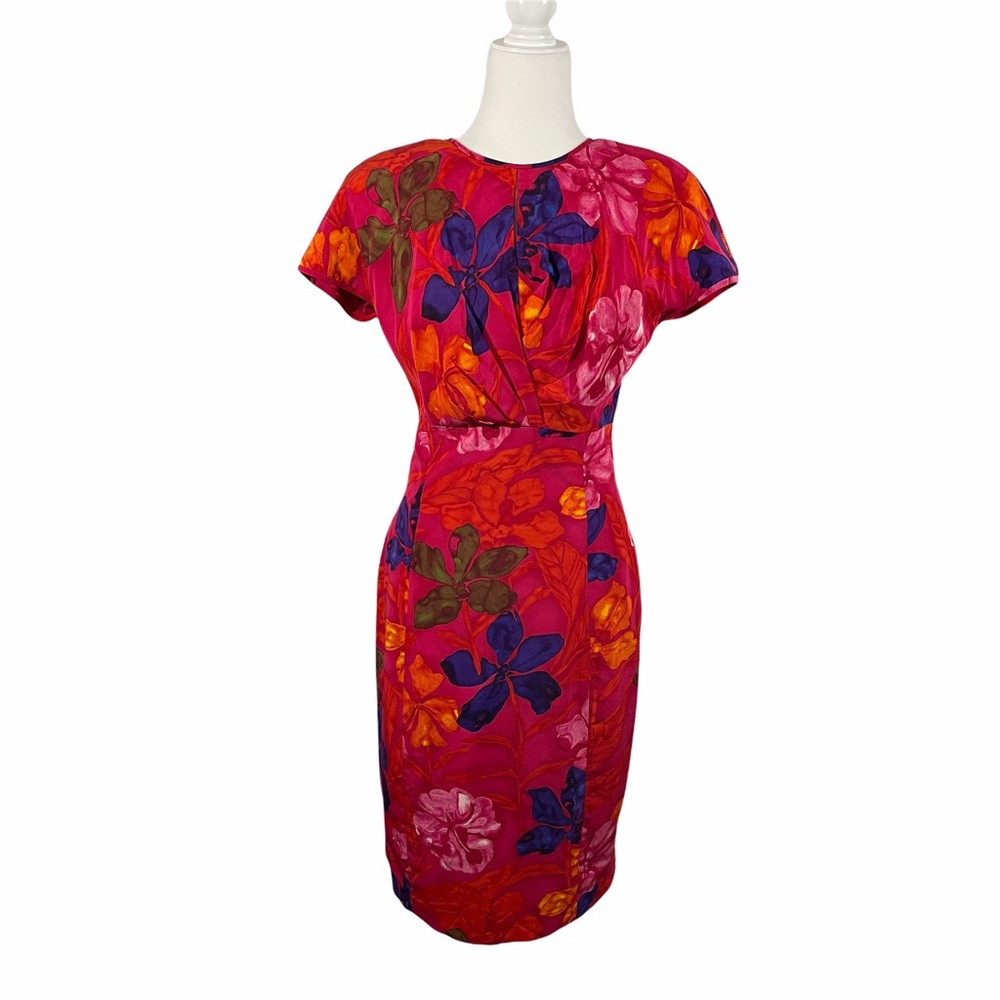 Vtg 90’s Gillian 100% Floral Silk Sheath Dress Ruched Front and Cap Slee…
